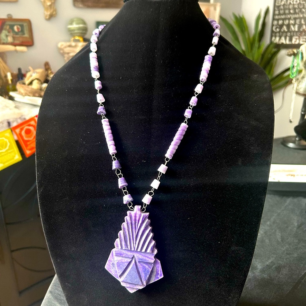 Vintage 50s Mexico Hand Carved Purple Agate Aztec Mayan Warrior Necklace 26”